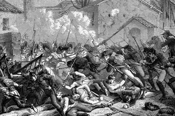 Battle of Caldiero, Italy. 12th November 1796. Napoleonic wars.  Antique illustration. 1890.