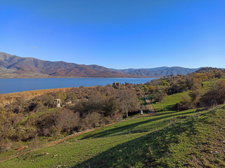 Naklejka premium Prespes, Greece - Small Prespa Lake - Agios Achillios, Florina