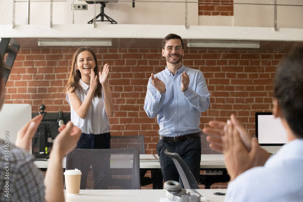 Sticker Excited managers applaud greeting coworker with work success