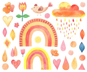 Set of cute watercolor elements: rainbow, drops, cloud, flower, bird, heart. Used trend colors: ocher, orange, lash lava. Hand draw in naive Scandinavian style. Design for children room and textiles