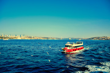Small touristic cruise ship with passengers at Bosporus strait residential buildings and second Bosporus bridge at coast.