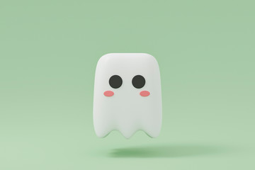 Happy Halloween. Cute White Little Ghost Funny Simple Cartoon Flying on Green Pastel Background for kawaii minimal idea creative concept. 3D Illustration