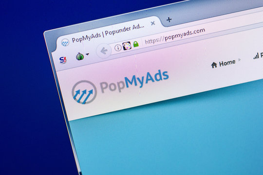 Ryazan, Russia - April 29, 2018: Homepage of PopMyAds website on the display of PC, url - PopMyAds.com