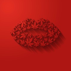 Lips with marijuana leaves vector illustration.Valentine's  day background