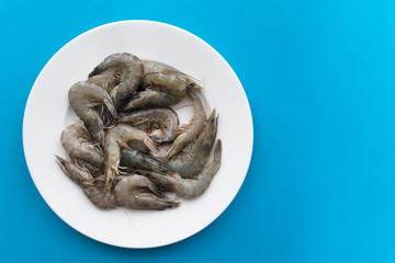 Uncooked raw fresh seafood, king tiger gray prawns on a white plate on a blue background. Top view. Healthy protein food, diet.