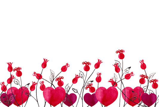 Seamless border of simple red mini roses on stems with hearts pairs. Romantic decoration. Symbol of Valentine's festive. Watercolor hand painted elements isolated on white background.