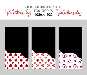 Social media templates with red and pink polygonal hearts on the white background. Valentine day designs for stories with place for text. Vector illustration. Standard size 1080*1920 px