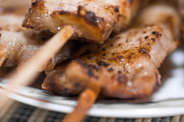 Pork skewers. Cooked and yummy. Close up shot. 