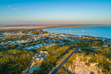 Aerial view of Beachport township and jetty at sunset