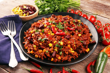 Hot chili con carne. mexican food tasty and spicy wit beans