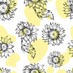 Foto op Plexiglas Sunflowers, botanical, nature seamless pattern on white background . Concept for print, wallpapers, wrapping paper, cards  © Софи Веснина