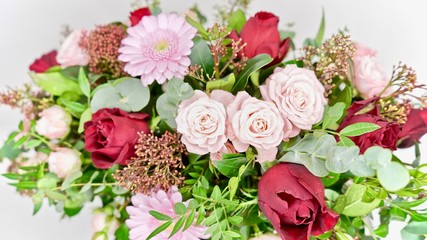 Beuatiful romantic bouqet in red box. Floral composition for valentines day,