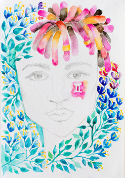 Watercolor Woman Portrait With Blue Flowers And Dreads. Gemini Zodiac Sign.