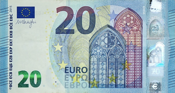 Fragment part of 20 euro banknote close-up with small blue details