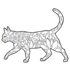 Coloring book Magic cat for adults. Hand drawn artistically ethnic ornament with patterned illustration