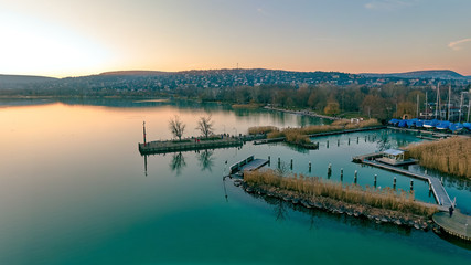 Balatonalmádi from air at sunset
