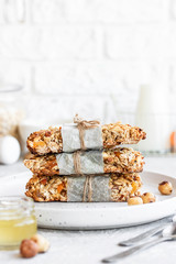 Homemade granola bars with pumpkin seeds and dried apricots.