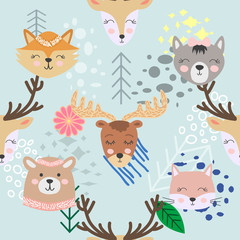 Hand drawn camping seamless pattern with cartoon characters