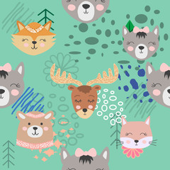 Autumn forest seamless pattern with cute animals