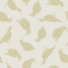 Vector Gold Quail Silhouettess on Beige Background Seamless Repeat Pattern. Background for textile, book covers, manufacturing, wallpapers, print, gift wrap and scrapbooking.