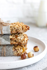Homemade granola bars with pumpkin seeds and dried apricots.
