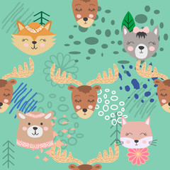 Fototapeta premium Hand drawn camping seamless pattern with cartoon characters