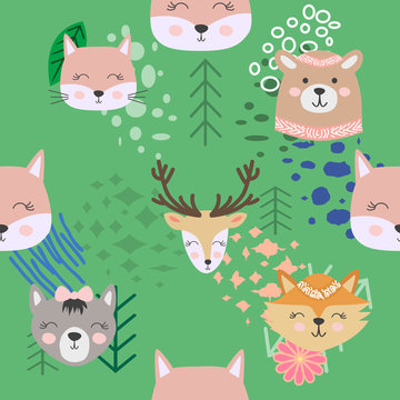 Hand drawn camping seamless pattern with cartoon characters