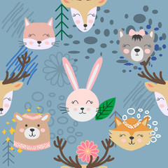 Obraz premium Autumn forest seamless pattern with cute animals