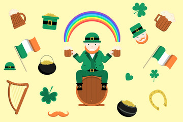 St. Patric s day. Happy holiday set with leprechaun holding two pints of beer and sitting on a barrel. Symbols of Ireland isolated for holiday decoration.