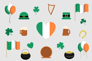 Saint Patrick s Day - Flat Icon Set - Pot of Gold, Clover Leaves, Leprechaun, Hat, Beer, Horseshoe, Balloons, Flag, Heart and Harp