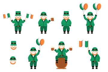 Saint Patricks Day leprechauns set. Cute flat designed leprechauns in different poses. Isolated vector illustration.