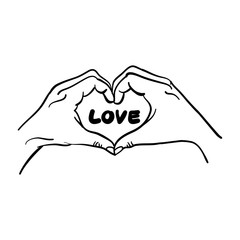 Hands heart shape, line drawing of hands showing love sign. Copy space of happy love and freedom concept.