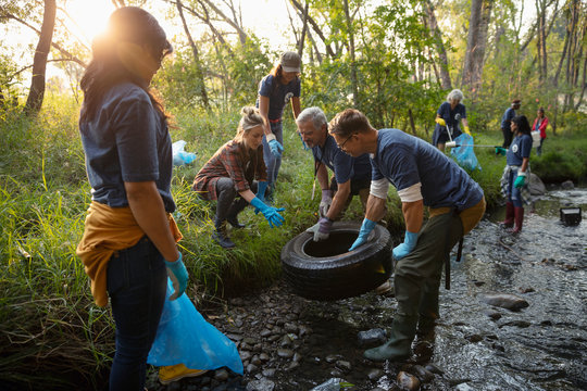 People volunteering, cleaning up garbage and tire in stream