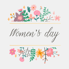 8 march. Happy Woman's Day Vector congratulation card with linear floral wreath