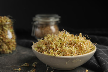 Bowl of sprouted green buckwheat on grey table, closeup