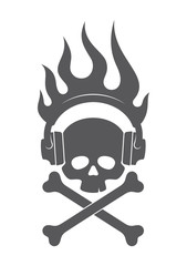 Vector icon silhouette of headphones and skull with crossbones and flames. Isolated on white background.