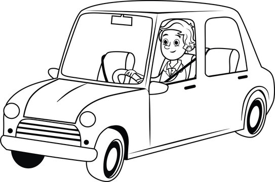 Black and white vector illustration of a driver with a car.