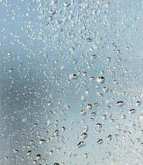 Drops of water on a blue glass window
