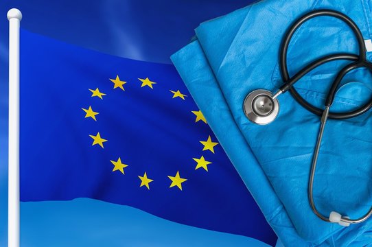Health care in European Union. Stethoscope and medical uniform.
