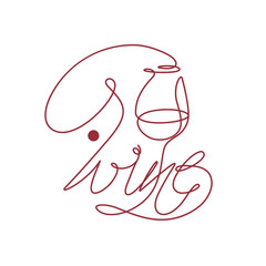 A single contour drawing with a glass and lettering "wine". Continuous line. Modern design element, icon, symbol for decoration of a wine tasting, menu, .wine list, restaurant, winery, liquor store.