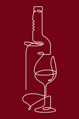 Vertical single outline drawing with a bottle, wine glass, and a corkscrew. Continuous line on a dark background. .Modern design element for wine tasting, menu, wine list, restaurant, winery, shop.