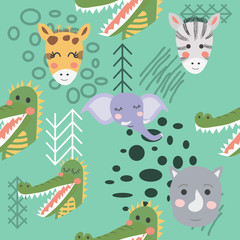 Cartoon cute animal tribal faces. Boho cute animals pattern