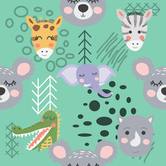 Cartoon cute animal tribal faces. Boho cute animals pattern
