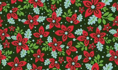 Seamless red flower pattern background for Christmas, with leaf and flower decor.