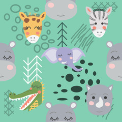 Cartoon cute animal tribal faces. Boho cute animals pattern