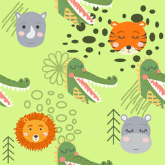Cartoon cute animal tribal faces. Boho cute animals pattern