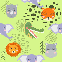 Cartoon cute animal tribal faces. Boho cute animals pattern