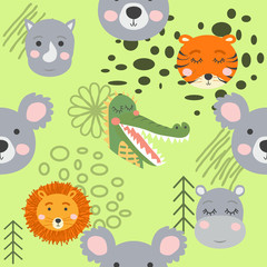 Cartoon cute animal tribal faces. Boho cute animals pattern