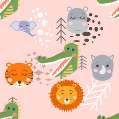 Cartoon cute animal tribal faces. Boho cute animals pattern