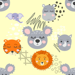 Cartoon cute animal tribal faces. Boho cute animals pattern